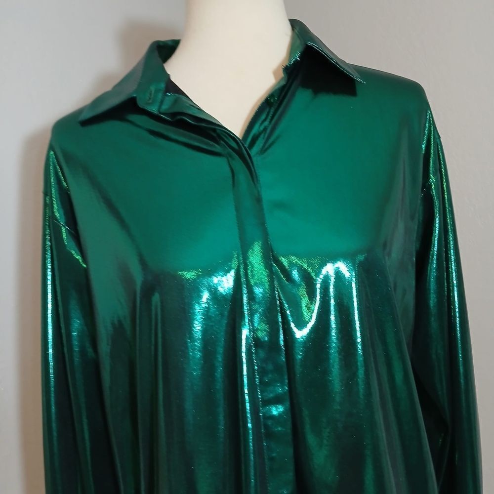 Anthropologie Gillian Liquid Shine Green Long Sleeve Button Down Shirt Size S - Picture 6 of 12